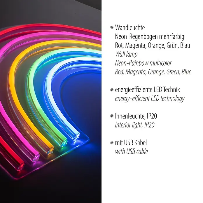 Just Light LED-Dekoleuchte Neon Rainbow - Neon Rainbow, L x B x H: 8,5 x 29,5 x 24 cm, Netzbetrieben - Mehrfarbige LED-Wandleuchte in Regenbogenfarben. Ideal als Dekoration mit energieeffizienter LED Technik und USB-Kabel.