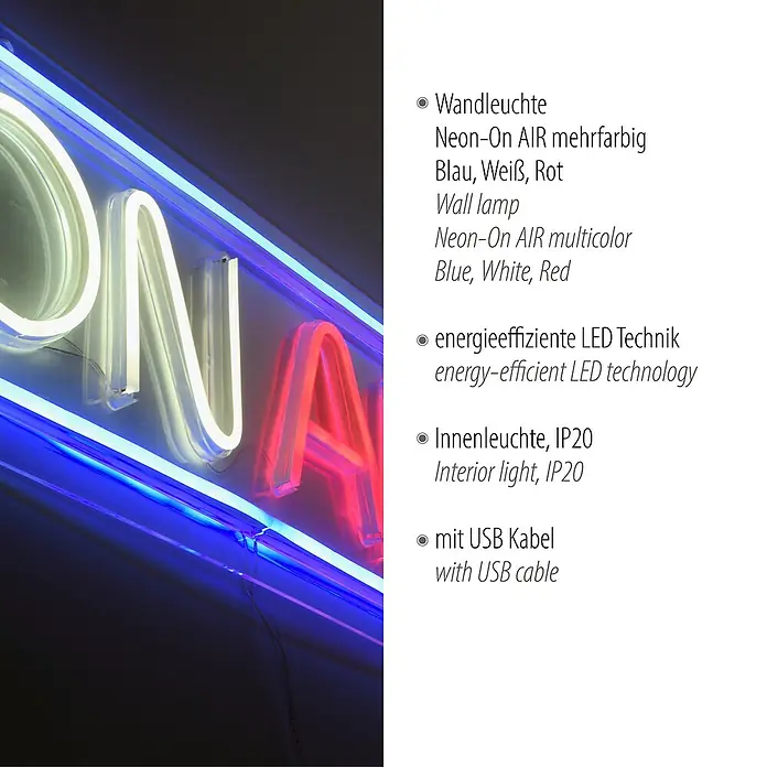 Just Light LED-Dekoleuchte Neon On Air - Neon On Air, L x B x H: 8,5 x 29,5 x 24 cm, Batteriebetrieben - Neon-On AIR Wandleuchte, mehrfarbig, mit energieeffizienter LED Technik und USB Kabel. Ideal als Innenleuchte.