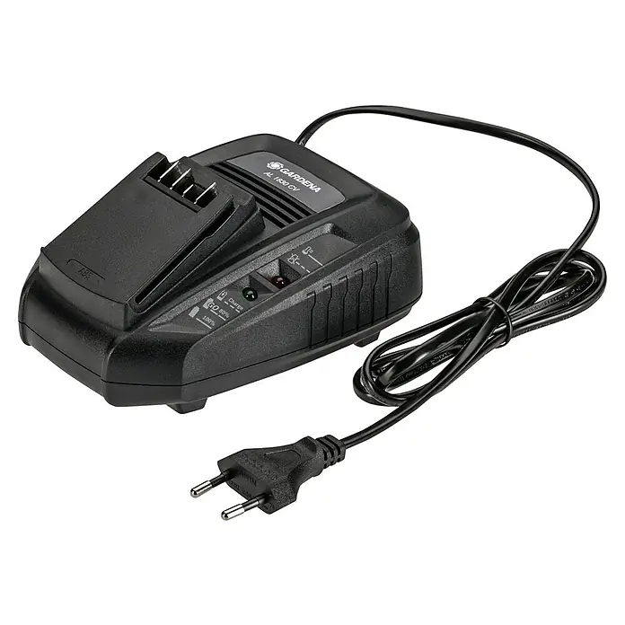 Gardena Power for All 18V Cortacésped de batería - 18 V, 1 batería, 2,5 Ah, Ancho de corte: 22 cm - Cargador Gardena AL 1830 CV negro con cable de alimentación y enchufe. Óptimo para cargar herramientas de jardín.