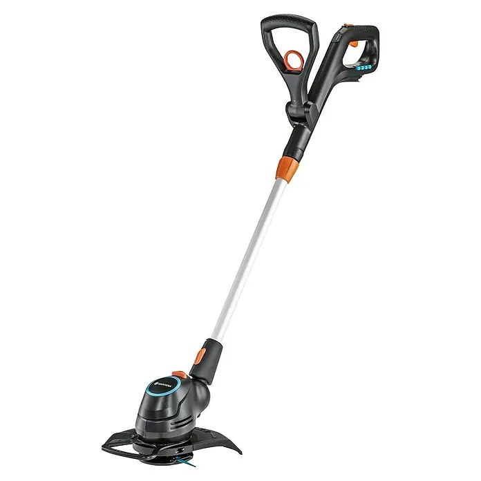 Gardena Power for All 18V Recortabordes de batería ComfortCut - 18 V, Iones de litio, Sin batería, Ancho de corte cuchilla: 23 cm - Cortabordes eléctrico Gardena con mangos negros y naranjas, detalles azules y eje plateado.