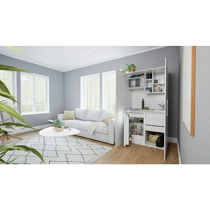 Respekta Schrankküche Peter - Breite: 104 cm, Weiß, Mit Duo-Kochmulde und Mikrowelle - Ein minimalistisches Studio-Apartment mit einer kompakten Küchenzeile in einem weißen Schrank mit geöffneten Türen.