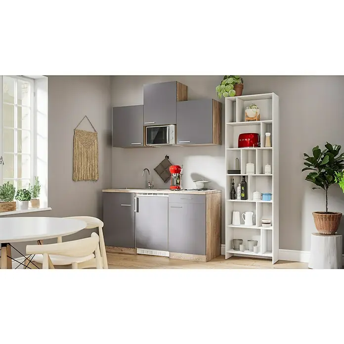 Respekta Singleküche Luis - Breite: 150 cm, Grau, Mit Duo-Kochmulde, Mit Mikrowelle, Farbe Arbeitsplatte: Eiche York - Einbauküche in Grau und Holzoptik mit Hängeschränken, Spüle, Regalen und Esstisch für eine moderne Kücheneinrichtung.