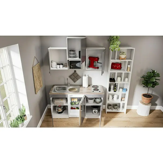 Respekta Singleküche Luis - Breite: 150 cm, Grau, Mit Glaskeramikkochfeld, Mikrowelle und Kühlschrank - Moderne, kleine Küchenzeile mit Spüle, Kochfeld und Stauraum in Weiß und Grau, ideal für beengte Platzverhältnisse.