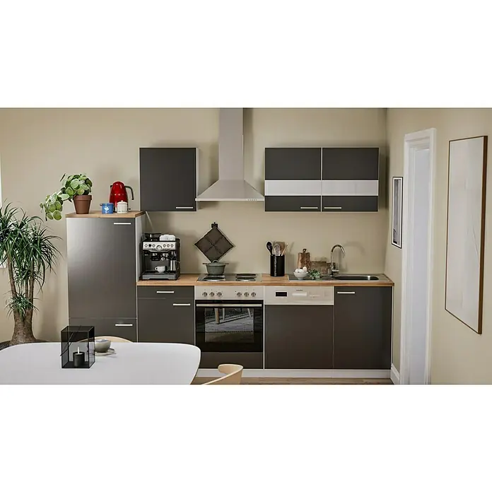 Respekta Küchenzeile Malia - Breite: 280 cm, Grau, Mit Elektrogeräten, Dekor Arbeitsplatte: Holzoptik, Volumen Backofen: 58 l - Kücheninterieur mit modernen, anthrazitfarbenen Schränken, Edelstahlgeräten und einer hellen Arbeitsplatte. Der Raum wirkt einladend und funktional.