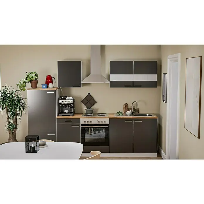 Respekta Küchenzeile Malia - Breite: 270 cm, Grau, Mit Elektrogeräten, Dekor Arbeitsplatte: Holzoptik, Volumen Backofen: 58 l - Moderne Küche mit dunklen Schränken, Arbeitsplatte in Holzoptik und Edelstahl-Akzenten, die eine stilvolle und funktionale Atmosphäre schafft.
