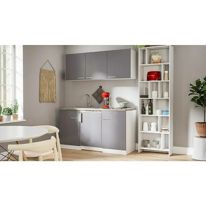 Respekta Singleküche Luis - Breite: 150 cm, Grau, Mit Duo-Kochmulde, Farbe Arbeitsplatte: Eiche York - Eine moderne Küchenzeile in Grau und Weiß mit Hängeschränken, Unterschränken und einem Regal, ideal für kleine Küchen und Appartements.