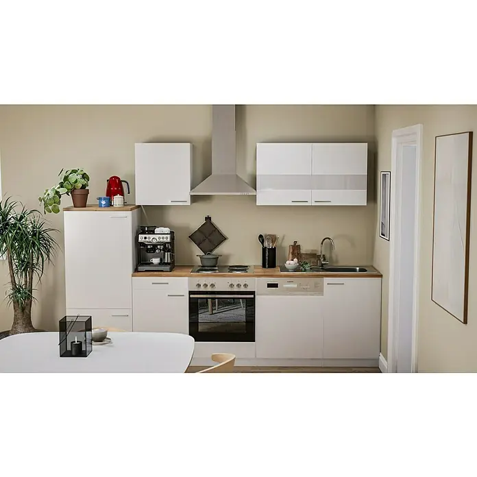 Respekta Küchenzeile Malia - Breite: 280 cm, Weiß, Mit Elektrogeräten, Dekor Arbeitsplatte: Holzoptik, Volumen Backofen: 58 l - Eine moderne Küche mit weißen Schränken, einer Spüle und Geräten unter einer Dunstabzugshaube, ergänzt durch dekorative Elemente.