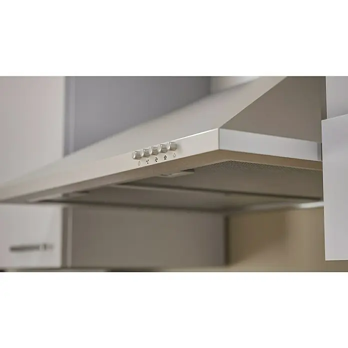 Respekta Küchenzeile Malia - Breite: 280 cm, Weiß, Mit Elektrogeräten, Dekor Arbeitsplatte: Holzoptik, Volumen Backofen: 58 l - Nahaufnahme einer Dunstabzugshaube mit Drehknöpfen zur Steuerung von Gebläse und Licht, montiert unter weißen Küchenschränken.
