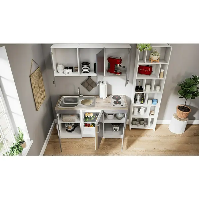 Respekta Singleküche Luis - Breite: 150 cm, Grau, Mit Duo-Kochmulde, Farbe Arbeitsplatte: Eiche York - Kompakte Küchenzeile mit Spüle, Herd, Regalen und Stauraum. Ideal für kleine Räume und ausgestattet mit Küchenutensilien.