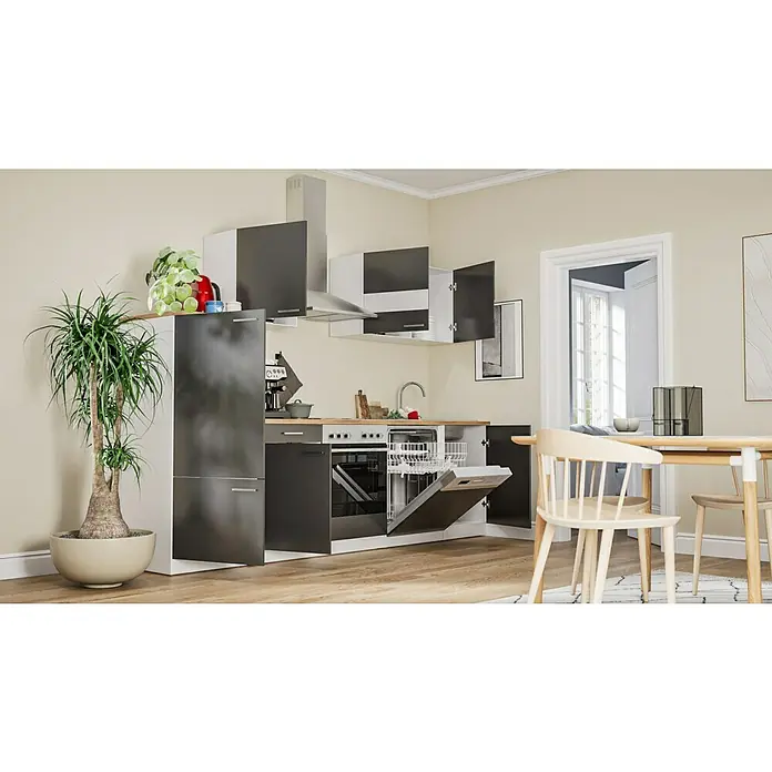 Respekta Küchenzeile Malia - Breite: 280 cm, Grau, Mit Elektrogeräten, Dekor Arbeitsplatte: Holzoptik, Volumen Backofen: 58 l - Moderne Küche in Grau und Weiß mit Geschirrspüler, Spüle, Dunstabzugshaube und Esstisch für ein stilvolles und funktionales Zuhause.