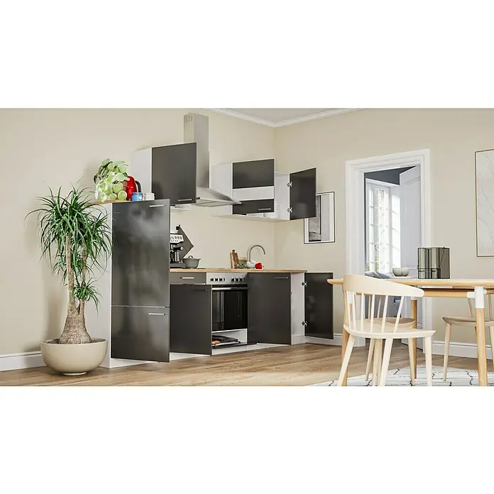 Respekta Küchenzeile Malia - Breite: 270 cm, Grau, Mit Elektrogeräten, Dekor Arbeitsplatte: Holzoptik, Volumen Backofen: 58 l - Bild einer modernen Küche mit dunklen Schränken, weißen Akzenten und einer Pflanze für einen frischen Touch.