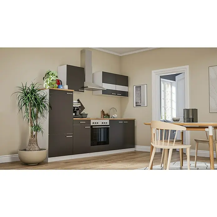 Respekta Küchenzeile Malia - Breite: 270 cm, Grau, Mit Elektrogeräten, Dekor Arbeitsplatte: Holzoptik, Volumen Backofen: 58 l - Helle Küche mit modernen Schränken und Esstisch mit Stühlen. Die Küchenzeile ist kompakt und stilvoll.