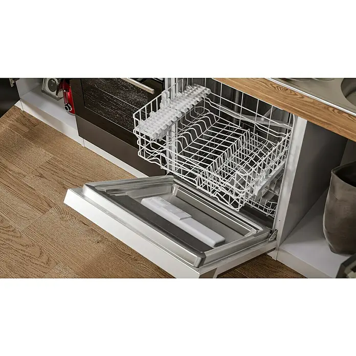 Respekta Küchenzeile Malia - Breite: 280 cm, Grau, Mit Elektrogeräten, Dekor Arbeitsplatte: Holzoptik, Volumen Backofen: 58 l - Geöffnete Geschirrspülmaschine mit herausgezogenem Geschirrkorb, bereit zum Beladen mit schmutzigem Geschirr.