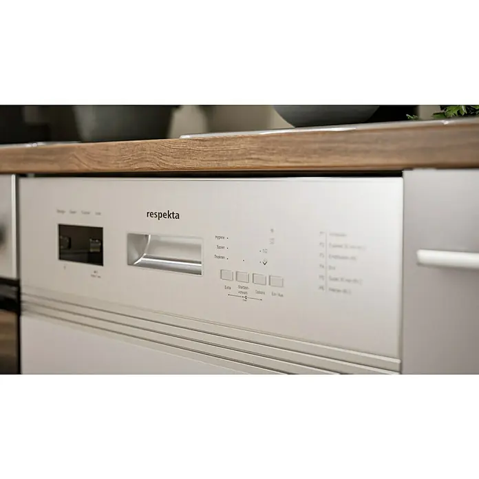 Respekta Küchenzeile Malia - Breite: 280 cm, Weiß, Mit Elektrogeräten, Dekor Arbeitsplatte: Holzoptik, Volumen Backofen: 58 l - Nahaufnahme einer Respekta Spülmaschine mit Bedienfeld, das verschiedene Waschoptionen und das Respekta-Logo zeigt.