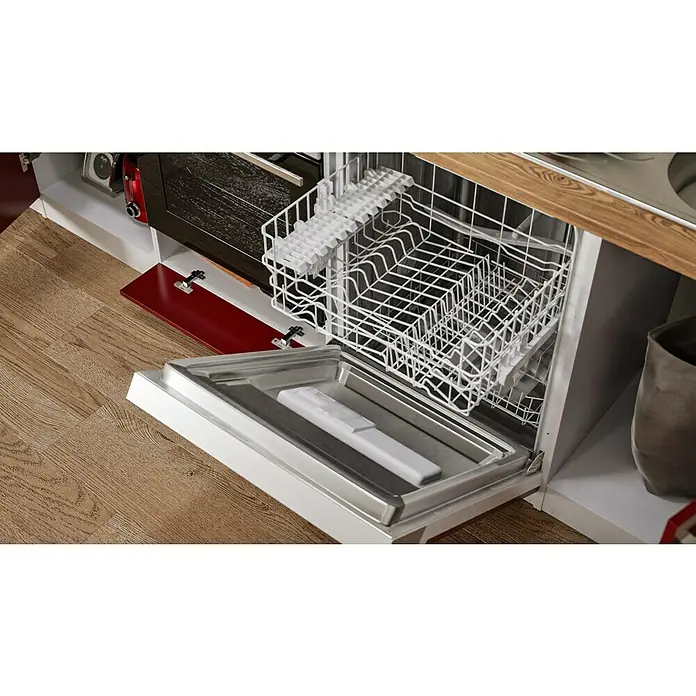 Respekta Küchenzeile Malia - Breite: 280 cm, Rot, Mit Elektrogeräten, Dekor Arbeitsplatte: Holzoptik, Volumen Backofen: 58 l - Hier ist ein Geschirrspüler mit einer ausziehbaren Geschirrablage und einer offenen Tür, die das Innere des Geräts zeigt.