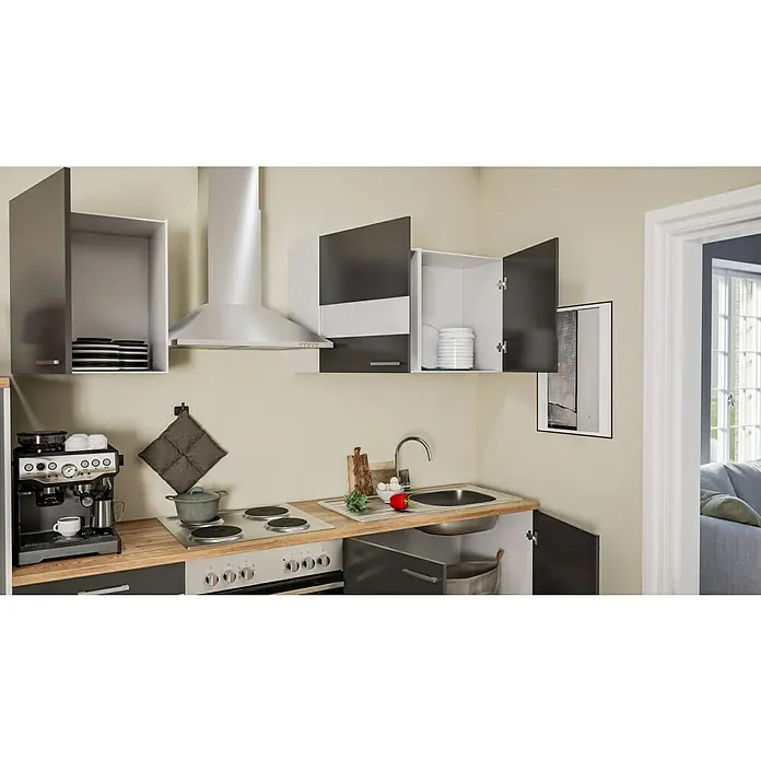 Respekta Küchenzeile Malia - Breite: 270 cm, Grau, Mit Elektrogeräten, Dekor Arbeitsplatte: Holzoptik, Volumen Backofen: 58 l - Küchenansicht mit modernen Ober- und Unterschränken in Grau und Weiß, Dunstabzugshaube und Elektrogeräten.