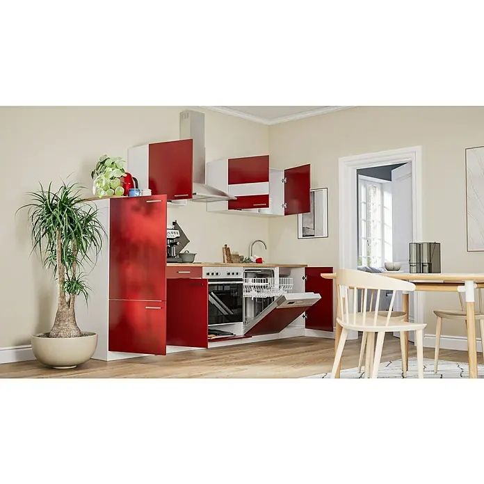 Respekta Küchenzeile Malia - Breite: 280 cm, Rot, Mit Elektrogeräten, Dekor Arbeitsplatte: Holzoptik, Volumen Backofen: 58 l - Rot-weiße Küche mit modernen Geräten. Der Geschirrspüler ist geöffnet und gibt den Blick frei auf den Innenraum.