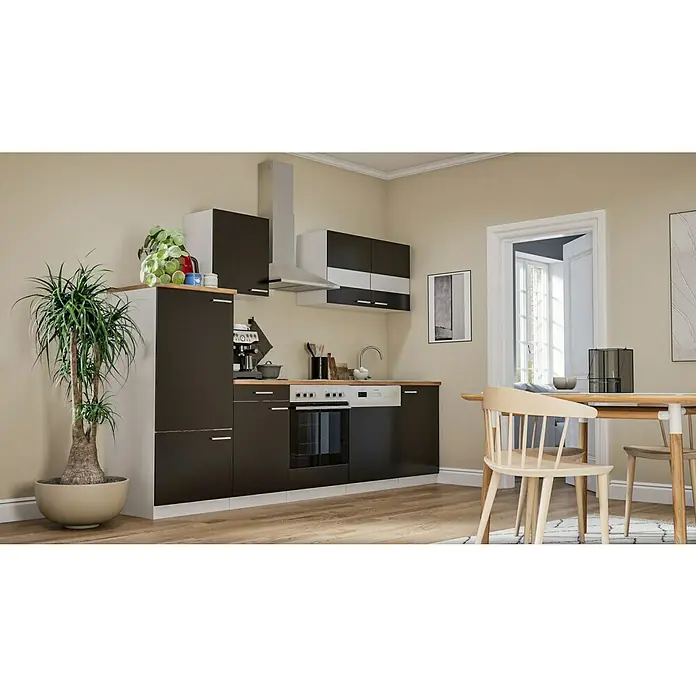 Respekta Küchenzeile Malia - Breite: 280 cm, Schwarz, Mit Elektrogeräten, Dekor Arbeitsplatte: Holzoptik, Volumen Backofen: 58 l - Eine moderne Küche in Schwarz und Weiß mit Holzelementen und einer Auswahl an Küchengeräten und Dekorationen. Helle Holzakzente setzen einen warmen Kontrast.