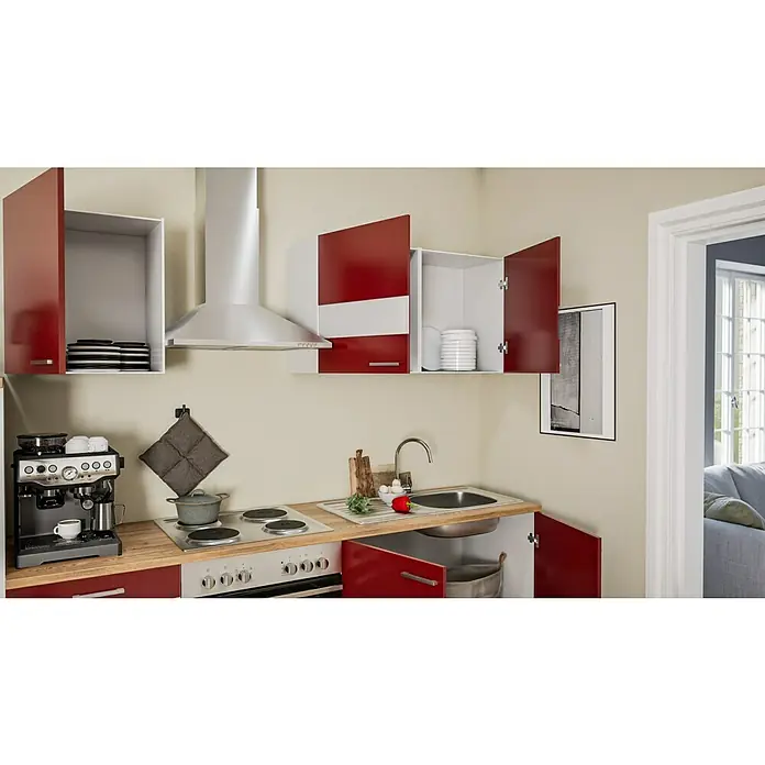 Respekta Küchenzeile Malia - Breite: 270 cm, Rot, Mit Elektrogeräten, Dekor Arbeitsplatte: Holzoptik, Volumen Backofen: 58 l - Eine moderne Küche mit roten und weißen Schränken, einer Edelstahl-Dunstabzugshaube und einer Kaffeemaschine.