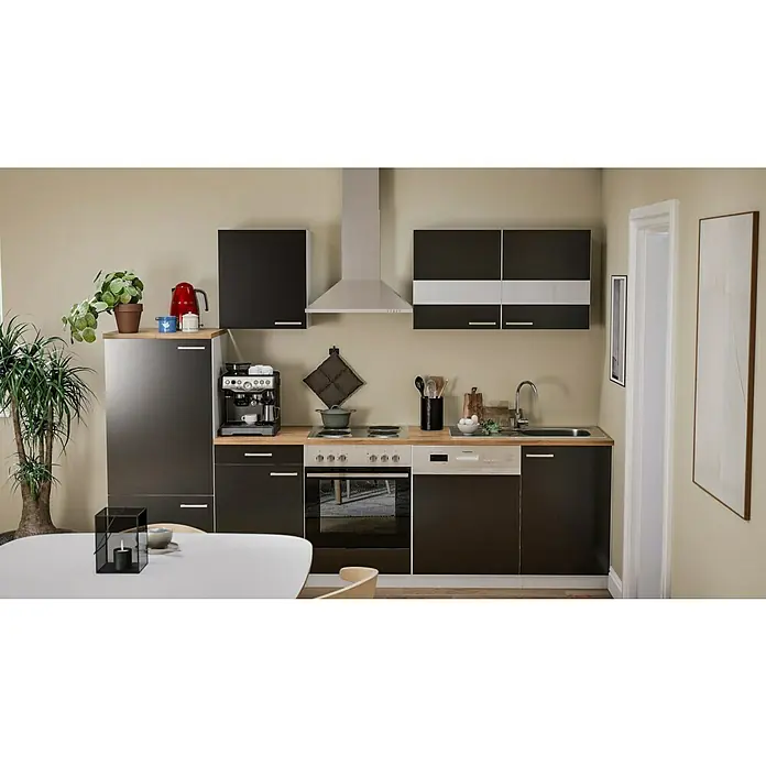 Respekta Küchenzeile Malia - Breite: 280 cm, Schwarz, Mit Elektrogeräten, Dekor Arbeitsplatte: Holzoptik, Volumen Backofen: 58 l - Eine moderne Küche mit schwarzen Schränken, einer Dunstabzugshaube und Geräten, die Funktionalität und Stil vereinen. Die Arbeitsfläche ist aus hellem Holz.