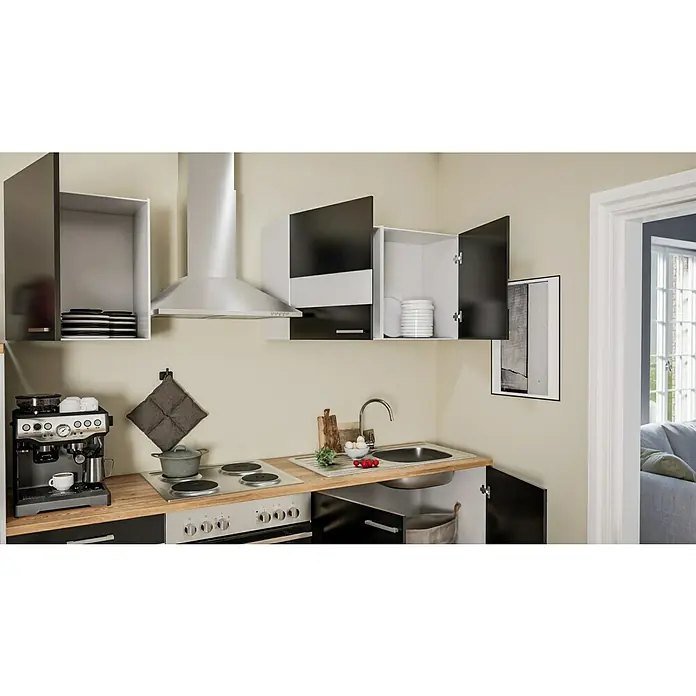 Respekta Küchenzeile Malia - Breite: 270 cm, Schwarz, Mit Elektrogeräten, Dekor Arbeitsplatte: Holzoptik, Volumen Backofen: 58 l - Kompakte Küche mit modernen Schränken, Spüle und Herd. Ideal für kleine Räume mit stilvollem Design und praktischer Ausstattung.
