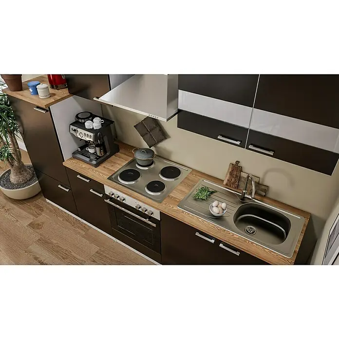 Respekta Küchenzeile Malia - Breite: 270 cm, Schwarz, Mit Elektrogeräten, Dekor Arbeitsplatte: Holzoptik, Volumen Backofen: 58 l - Küchendesign mit Spüle, Herd und Kaffeemaschine. Die moderne Küche bietet eine Kombination aus Funktionalität und Ästhetik mit klaren Linien.