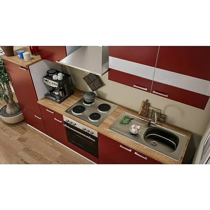 Respekta Küchenzeile Malia - Breite: 270 cm, Rot, Mit Elektrogeräten, Dekor Arbeitsplatte: Holzoptik, Volumen Backofen: 58 l - Diese moderne Küche in Rot- und Holztönen ist mit einem Edelstahlspülbecken, Herd und einer Kaffeemaschine ausgestattet und bietet Komfort.
