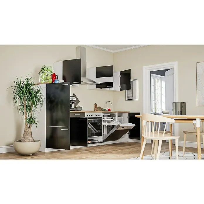 Respekta Küchenzeile Malia - Breite: 280 cm, Schwarz, Mit Elektrogeräten, Dekor Arbeitsplatte: Holzoptik, Volumen Backofen: 58 l - Helles modernes Küchendesign mit Geschirrspüler, Spüle, Kochfeld und Dunstabzugshaube, ergänzt durch einen Esstisch mit Holzstühlen für Komfort.