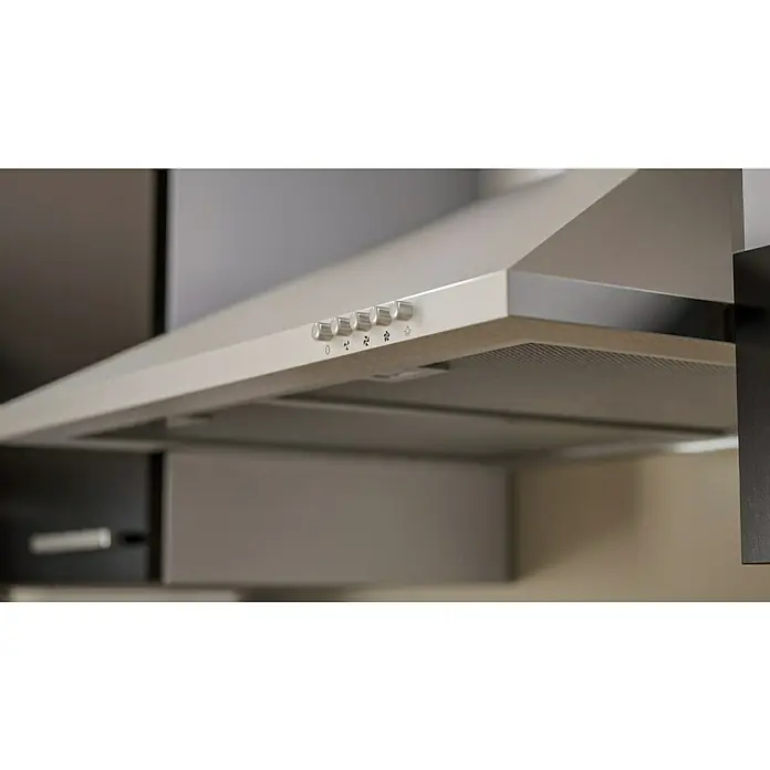 Respekta Küchenzeile Malia - Breite: 270 cm, Schwarz, Mit Elektrogeräten, Dekor Arbeitsplatte: Holzoptik, Volumen Backofen: 58 l - Nahaufnahme einer Dunstabzugshaube mit Drehknöpfen zur Steuerung der Lüftergeschwindigkeit und Beleuchtung, montiert unter einem Küchenschrank.