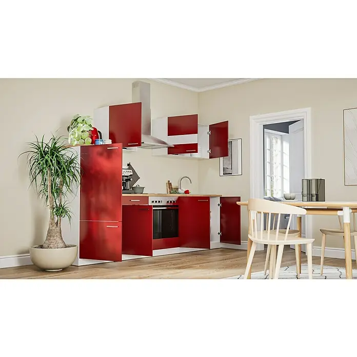Respekta Küchenzeile Malia - Breite: 270 cm, Rot, Mit Elektrogeräten, Dekor Arbeitsplatte: Holzoptik, Volumen Backofen: 58 l - Moderne Küche in Rot und Weiß mit offenen Schränken. Die Küchenzeile bietet viel Stauraum und eine stilvolle Optik für das Zuhause.