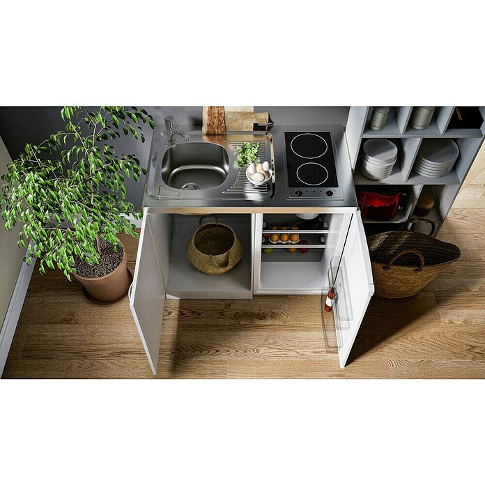 Respekta Miniküche Pantry MK100WC (100 cm, Mit Glaskeramikkochfeld + Kühlschrank, Weiß)