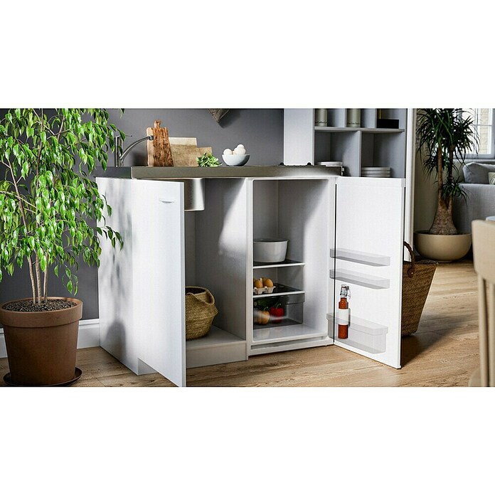 Respekta Miniküche Pantry MK100WC (100 cm, Mit Glaskeramikkochfeld + Kühlschrank, Weiß)
