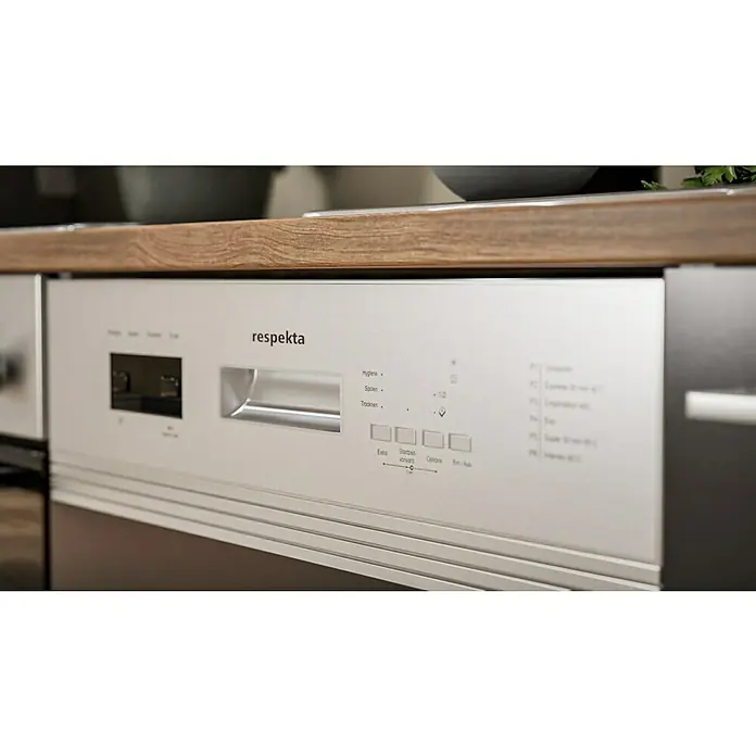 Respekta Küchenzeile Malia - Breite: 280 cm, Schwarz, Mit Elektrogeräten, Dekor Arbeitsplatte: Holzoptik, Volumen Backofen: 58 l - Nahaufnahme einer Respekta Geschirrspülmaschine mit Bedienfeld, das verschiedene Spülprogramme und Optionen anzeigt.