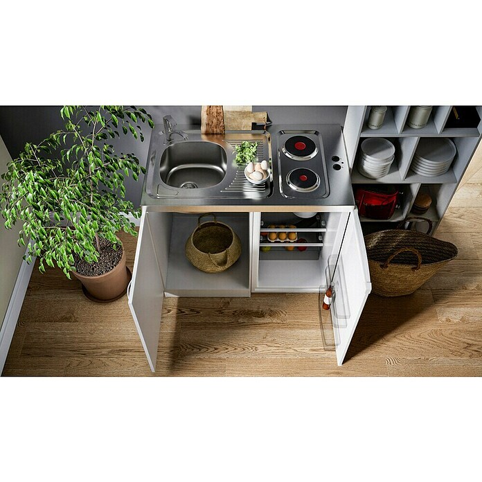 Respekta Mini kuhinja Levin  (Širina: 100 cm, Bijele boje, S dvojnom pločom + hladnjakom) | BAUHAUS