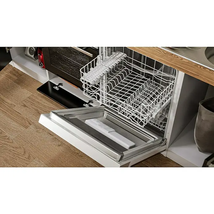 Respekta Küchenzeile Malia - Breite: 280 cm, Schwarz, Mit Elektrogeräten, Dekor Arbeitsplatte: Holzoptik, Volumen Backofen: 58 l - Ansicht einer Geschirrspülmaschine mit geöffneter Tür und ausziehbaren Körben in einer modernen Küche.