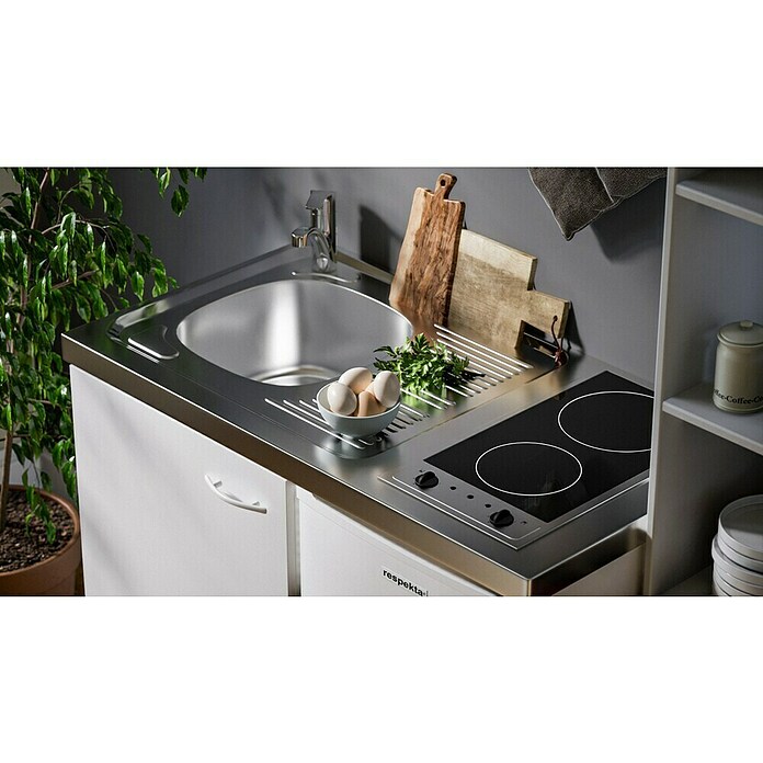 Respekta Miniküche Pantry MK100WC (100 cm, Mit Glaskeramikkochfeld + Kühlschrank, Weiß)