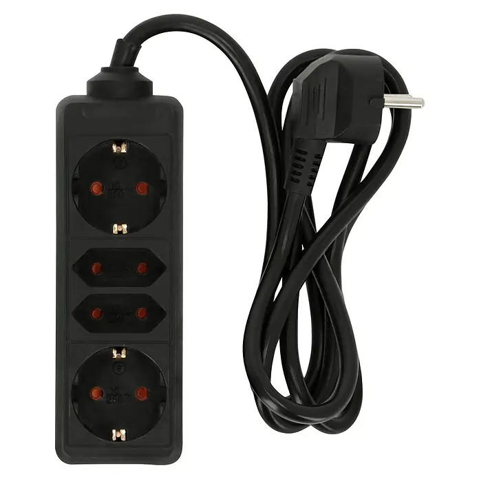 Base de enchufe múltiple - 2 conexiones Schuko, Negro, Longitud del cable: 1,4 m, Sin interruptor, Número de enchufes Schuko: 2 ud. - Una regleta negra con cuatro tomas de corriente y un cable de alimentación grueso enrollado.