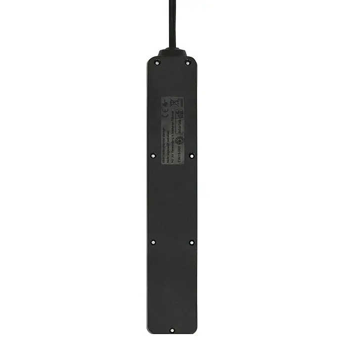 Steckdosenleiste - 6-fach, Schwarz, Kabellänge: 1,4 m, Ohne Schalter, Anzahl Steckdosen Schuko: 6 Stk. - Detailaufnahme einer Mehrfachsteckdose mit CE-Kennzeichnung, Intertek-Logo und Warnhinweisen für den Gebrauch in trockenen Räumen.