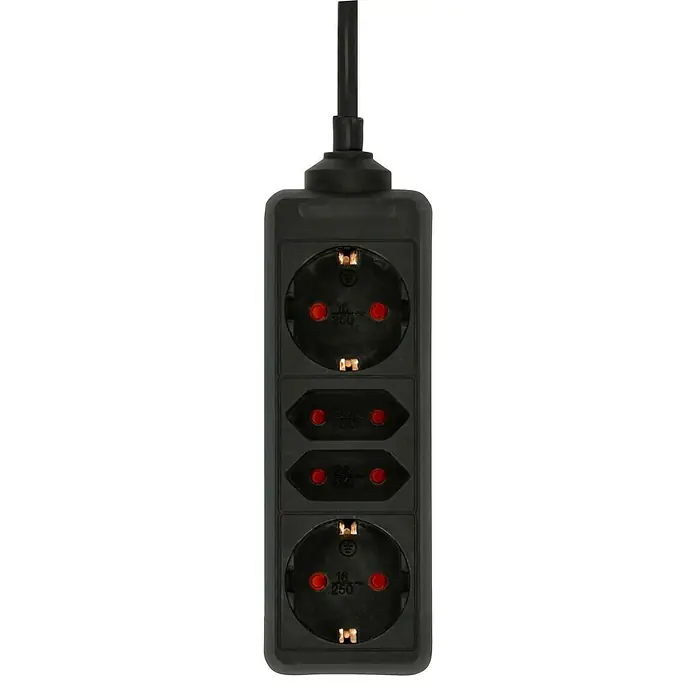 Base de enchufe múltiple - 2 conexiones Schuko, Negro, Longitud del cable: 1,4 m, Sin interruptor, Número de enchufes Schuko: 2 ud. - Una regleta negra con tres enchufes y un cable, ideal para usar en casa o en la oficina.