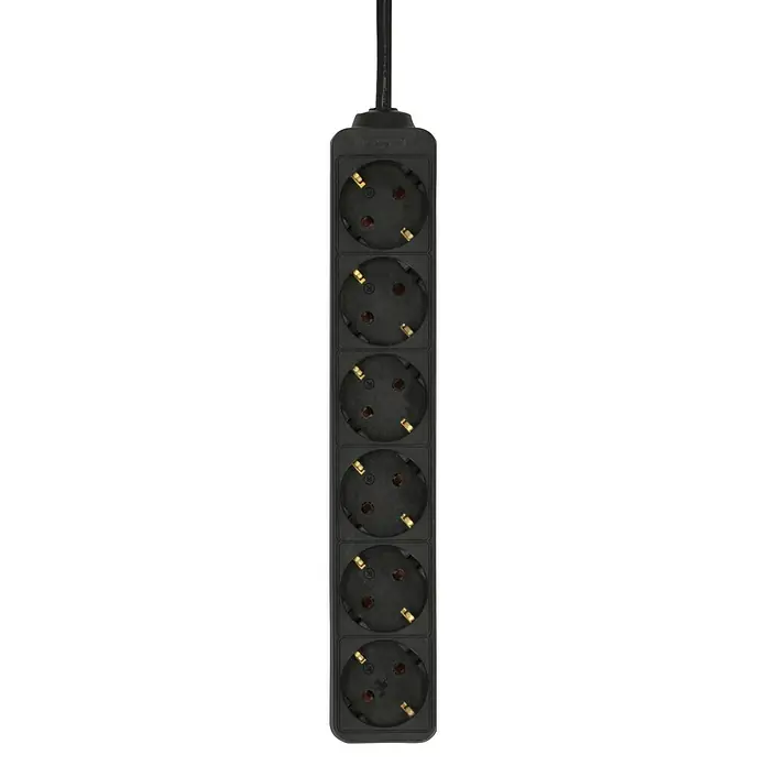 Steckdosenleiste - 6-fach, Schwarz, Kabellänge: 1,4 m, Ohne Schalter, Anzahl Steckdosen Schuko: 6 Stk. - Eine schwarze Steckdosenleiste mit sechs Steckdosen hängt von einem schwarzen Kabel herunter, perfekt für den Einsatz zu Hause oder im Büro.