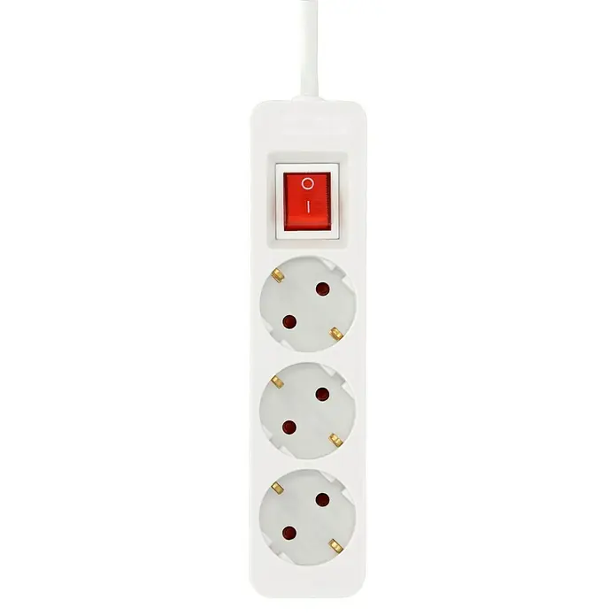 Steckdosenleiste Powersplit - Anzahl Steckdosen Schuko: 4 Stk., Weiß, Kabellänge: 2 m, Mit Schalter - Weiße Mehrfachsteckdose mit drei Steckplätzen und einem roten Ein-/Ausschalter. Ideal für den Einsatz im Haushalt oder Büro.