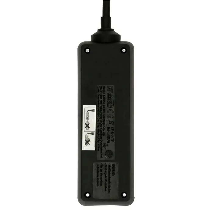 Base de enchufe múltiple - 2 conexiones Schuko, Negro, Longitud del cable: 1,4 m, Sin interruptor, Número de enchufes Schuko: 2 ud. - Primer plano de un electrodoméstico negro Mingce Kallang, KF-B-2/2P, incluyendo etiquetas de advertencia de seguridad.