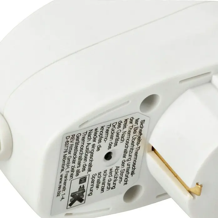 Steckdosenleiste Powersplit - Anzahl Steckdosen Schuko: 4 Stk., Weiß, Kabellänge: 2 m, Mit Schalter - Nahaufnahme eines weißen REV Ritter Thermoschalters mit Sicherheitshinweisen und Herstellerangaben.