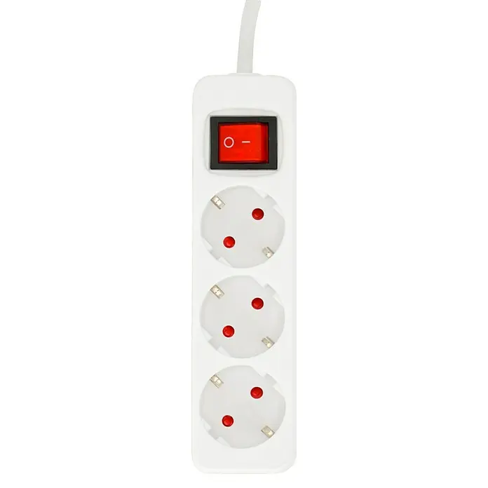 Steckdosenleiste - 3-fach, Weiß, Kabellänge: 1,4 m, Mit Schalter - Weiße Steckdosenleiste mit drei Steckdosen und einem roten Schalter zur Stromversorgung elektronischer Geräte.