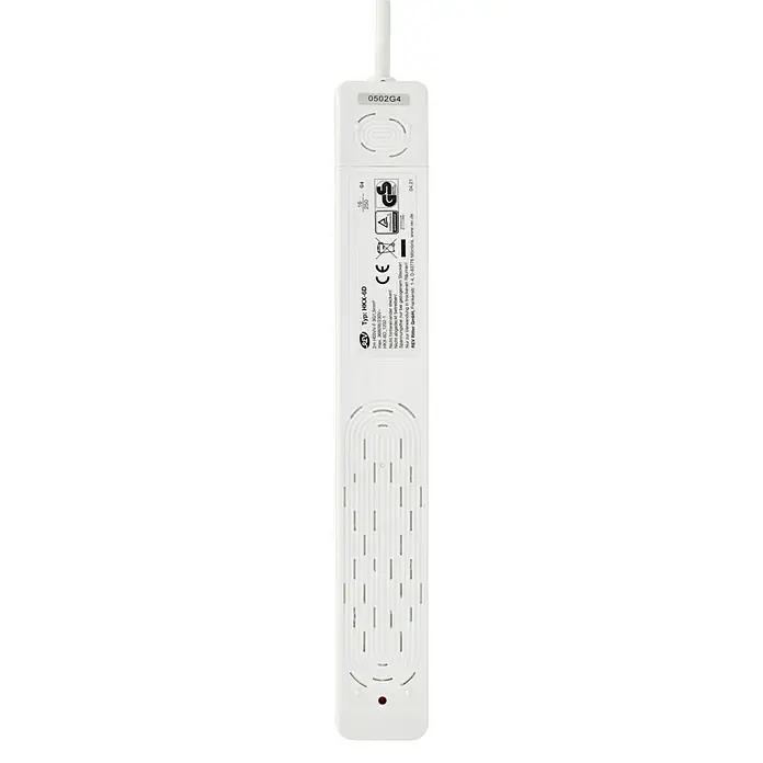Steckdosenleiste Powersplit - Anzahl Steckdosen Schuko: 7 Stk., Weiß, Kabellänge: 2 m, Mit Schalter - Weiße Steckdosenleiste, Rückseite mit Produktspezifikationen, Sicherheitshinweisen und Zertifizierungen.