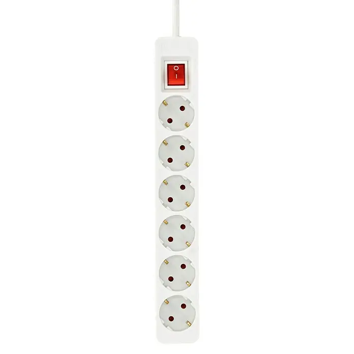 Steckdosenleiste Powersplit - Anzahl Steckdosen Schuko: 7 Stk., Weiß, Kabellänge: 2 m, Mit Schalter - Weiße Mehrfachsteckdose mit sechs Steckdosen und einem roten Schalter. Ideal für den flexiblen Einsatz im Haushalt oder Büro.