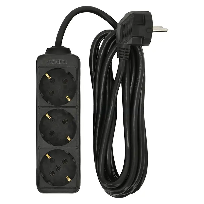 Steckdosenleiste - Schwarz, Kabellänge: 3 m, Ohne Schalter - Dreifach-Steckdosenleiste mit gewinkeltem Stecker und schwarzem Kabel. Ideal für den Innenbereich, max. 3680W Belastbarkeit für sichere Stromversorgung.