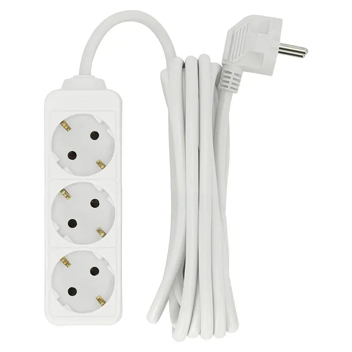Steckdosenleiste - Weiß, Kabellänge: 3 m, Ohne Schalter - Dreifachsteckdosenleiste mit weißem Kabel und Stecker, ideal für den Einsatz im Haus oder Büro zur Erweiterung der Stromversorgung.