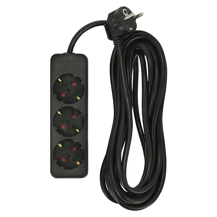 Steckdosenleiste - Schwarz, Kabellänge: 5 m, Ohne Schalter - Schwarze Steckdosenleiste mit drei Steckdosen und einem gewickelten Kabel mit EU-Stecker für den vielseitigen Einsatz im Innenbereich.