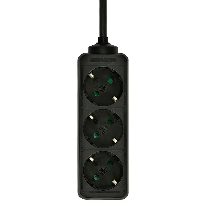Steckdosenleiste - 3-fach, Schwarz, Kabellänge: 1,4 m, Ohne Schalter, Anzahl Steckdosen Schuko: 3 Stk. - Schwarze Steckdosenleiste mit drei Steckplätzen. Das Produkt hängt an einem Kabel und ist für den Innenbereich geeignet.